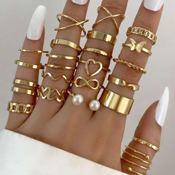 22-Piece Vintage Knuckle Ring Set - Adjustable Butterfly, Pearl & Heart Designs - Picture 2 of 4